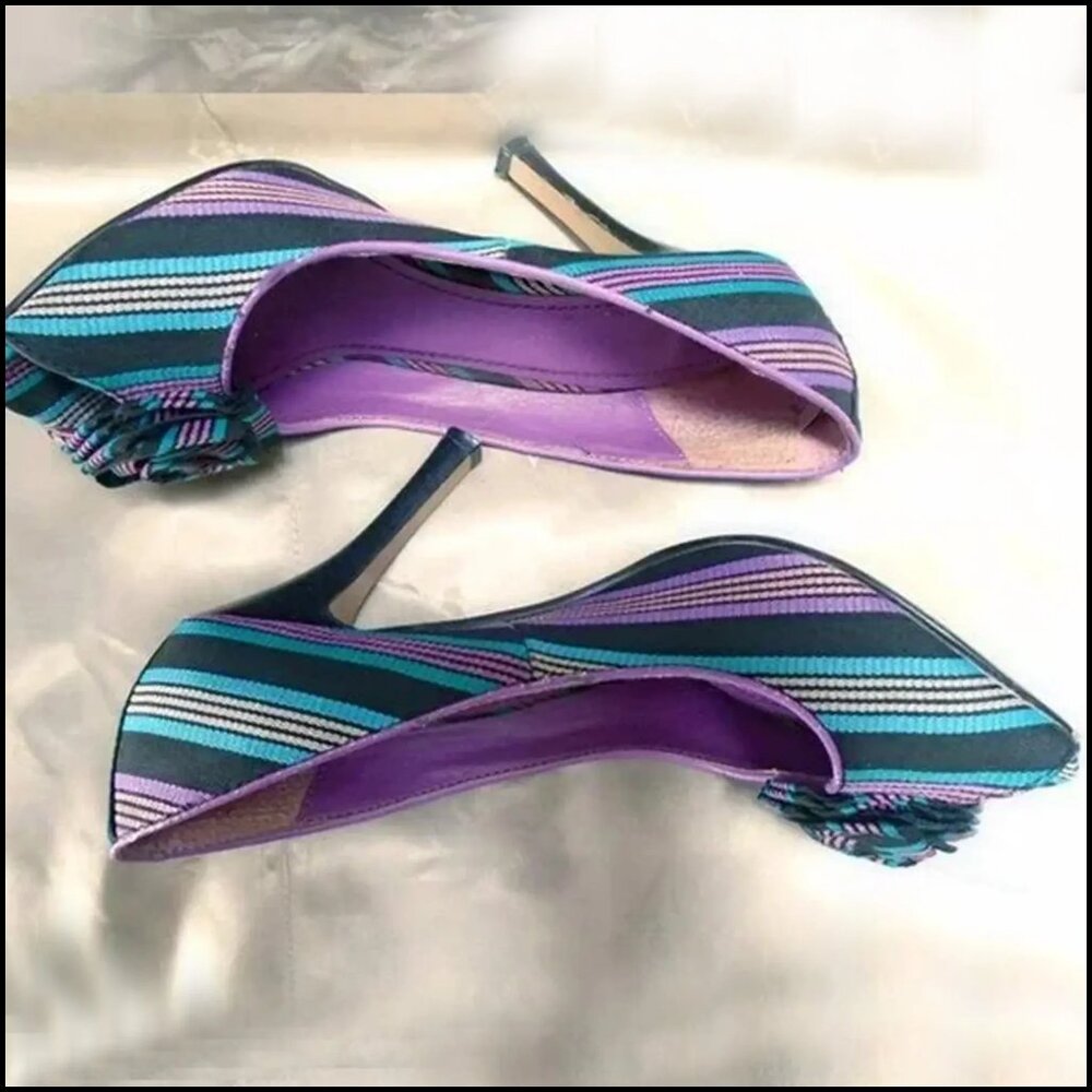 Vintage High Heel Shoes Purple Turquoise Fabric Pumps with Rosette - 80s - Picture 3 of 11
